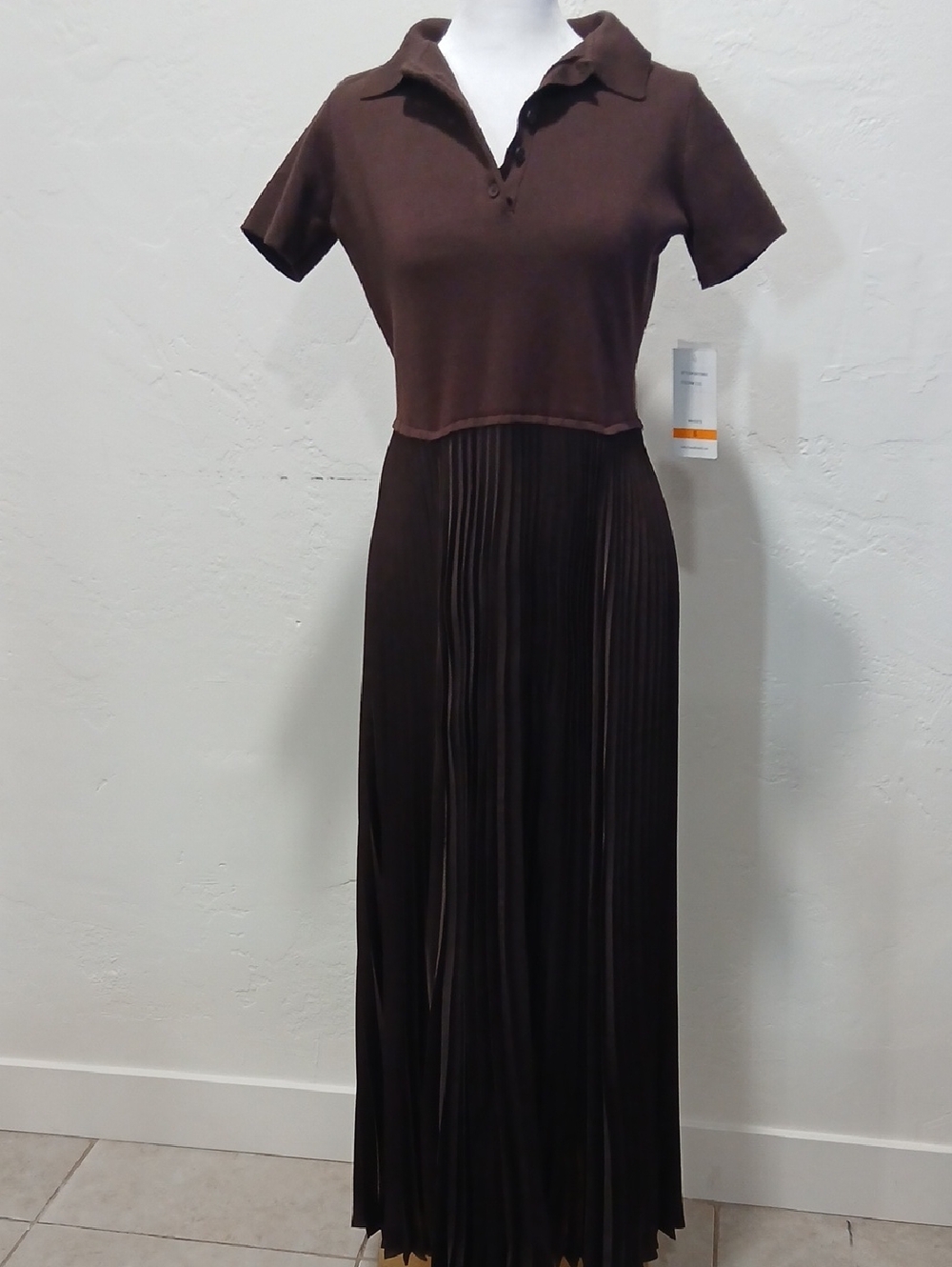 Taylor Brown Polo Collar Pleated Maxi Dress
